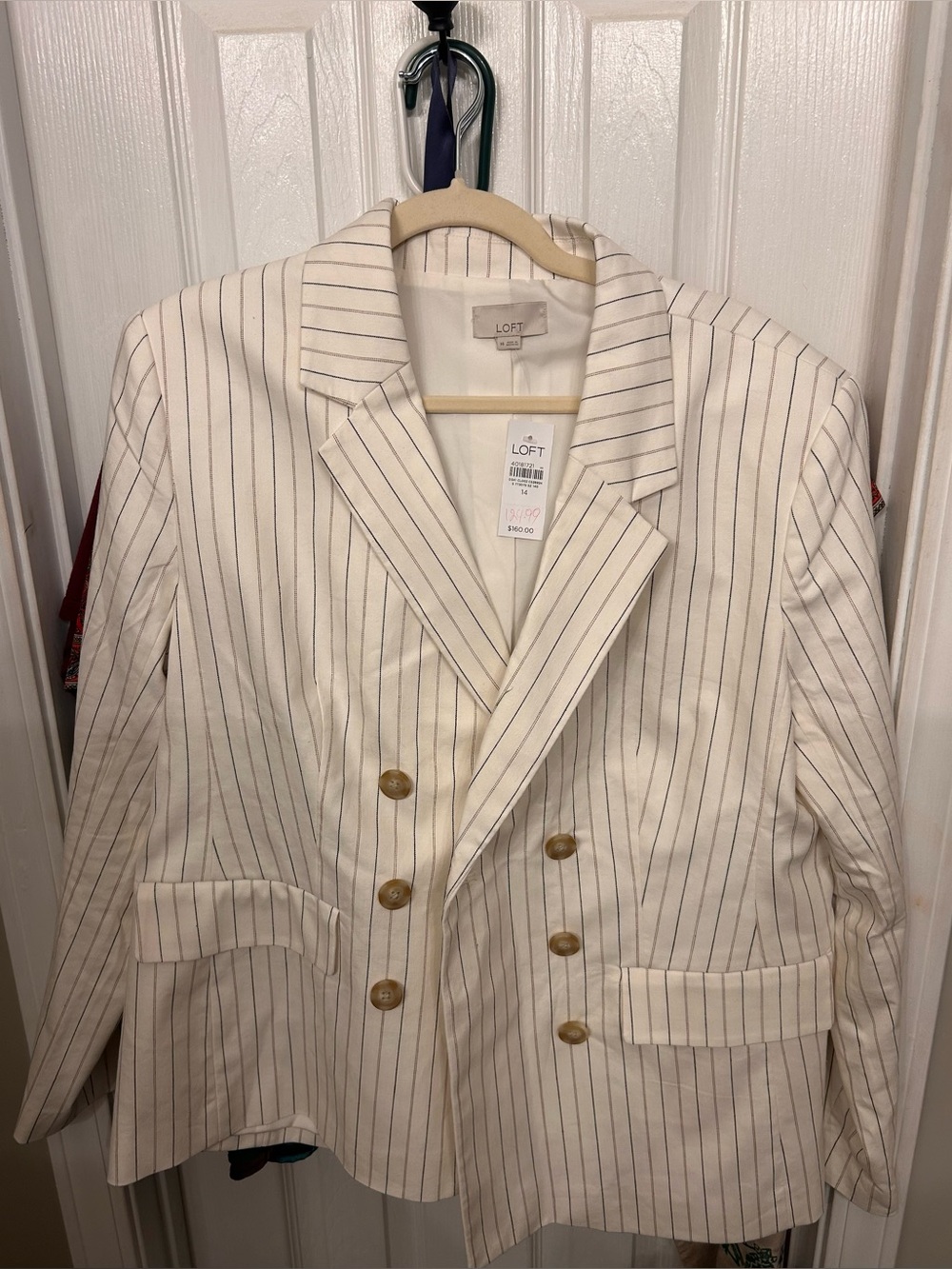 LOFT Cream Pinstripe Double-Breasted Blazer - Picture 6 of 6